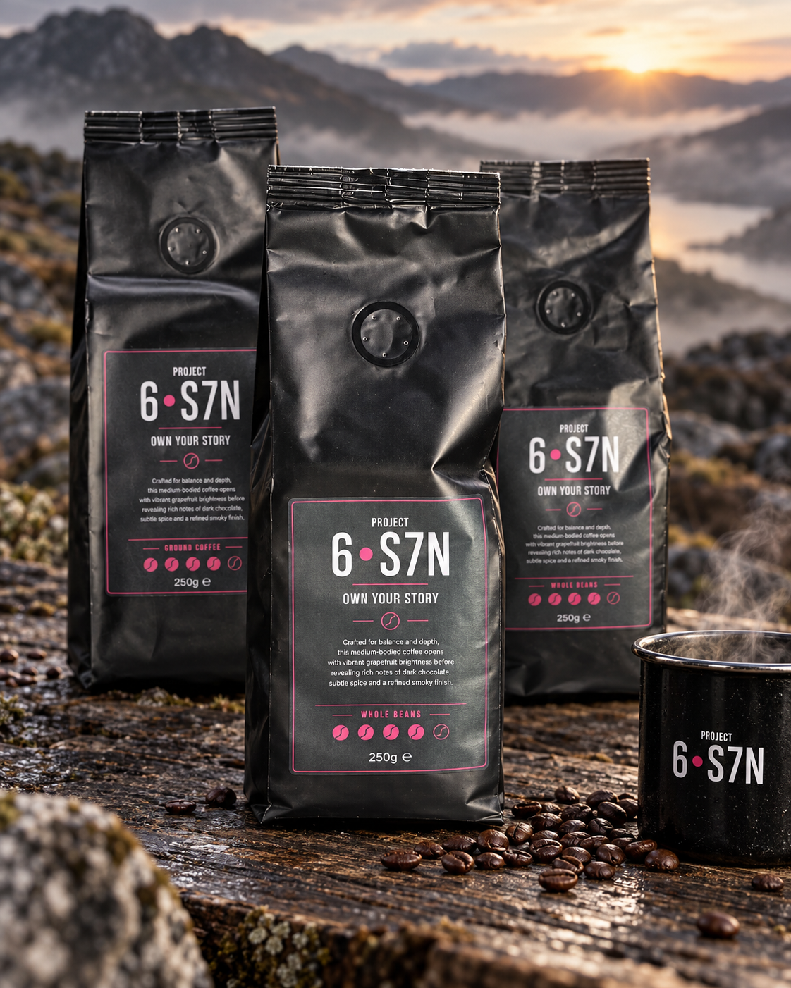 Three black bags of Project 6+7N coffee beans are arranged on a rustic wooden surface outdoors, with coffee beans scattered around and a steaming black mug in the foreground. A mountain landscape at sunrise or sunset is visible in the background.