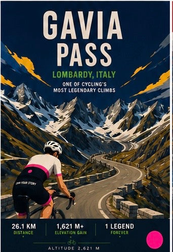 A stylized cycling poster for Gavia Pass in Lombardy, Italy, showing a cyclist on a winding mountain road with snow-capped peaks under a dark blue sky. Large text reads 'GAVIA PASS' with additional route details along the bottom.