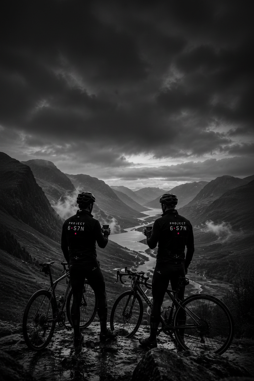 Two cyclists pause beside their gravel bikes on a Scottish mountain road