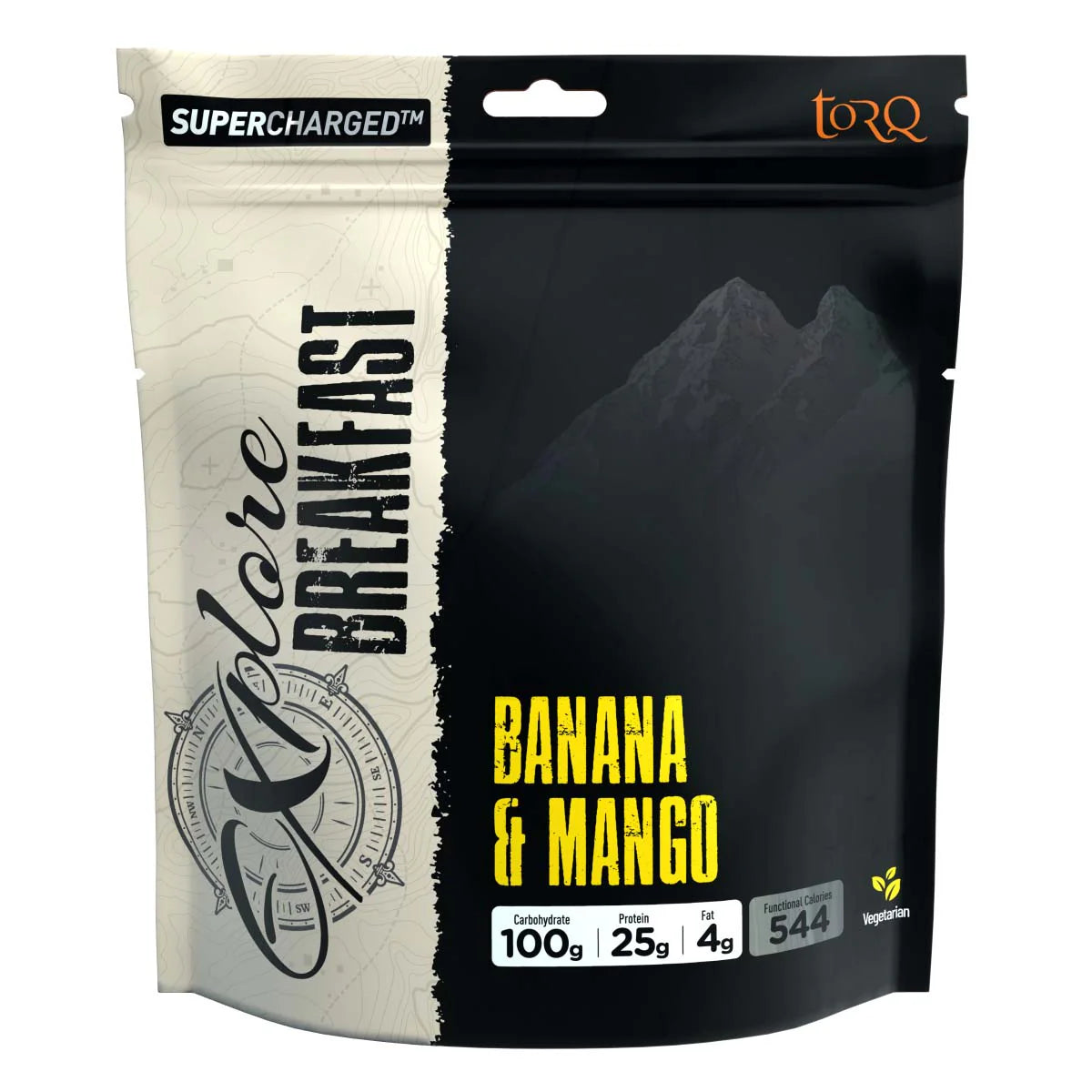 A stand-up pouch of Torq Supercharged All-More Breakfast in Banana & Mango flavor. The packaging is split vertically with a textured off-white/cream side and a black side featuring a mountain graphic, with yellow text indicating the flavor.