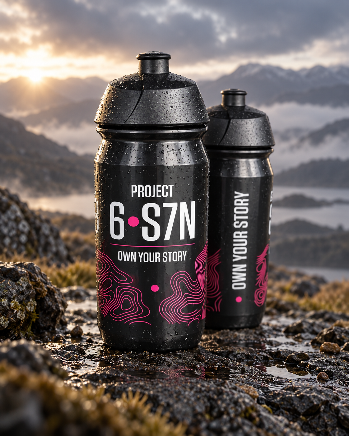 Two black water bottles with pink and white text and graphics, standing on wet rocks outdoors with a misty mountain landscape in the background.