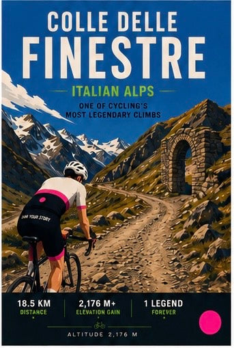 A travel poster for the Colle delle Finestre mountain climb in the Italian Alps, featuring a cyclist on a dirt path with a stone archway and snowy mountains under a blue sky. Text includes 'COLLE DELLE FINESTRE', 'ITALIAN ALPS', and climbing stats at the bottom.