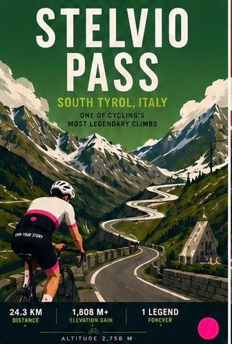 A travel-style poster for Stelvio Pass in South Tyrol, Italy, showing a cyclist on a winding mountain road with snow-capped peaks, green hills, a small church, and large white title text at the top.